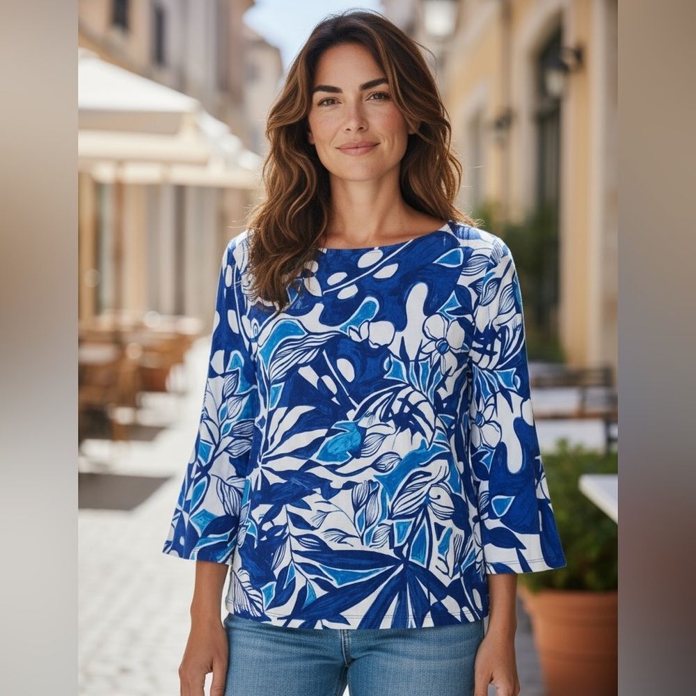 Chico's US 8/10 Blue White Travelers Quarter Sleeve Floral Print Blouse Stretch